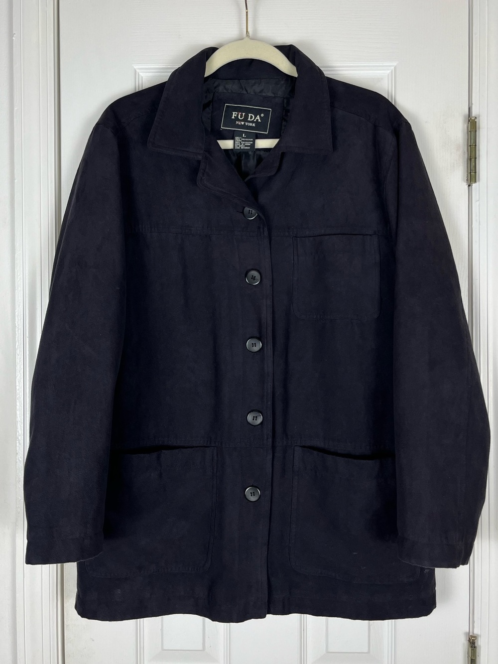 Vintage 90’s Black Faux Suede Chore Shacket Sz L Button Up Jacket Minimalist